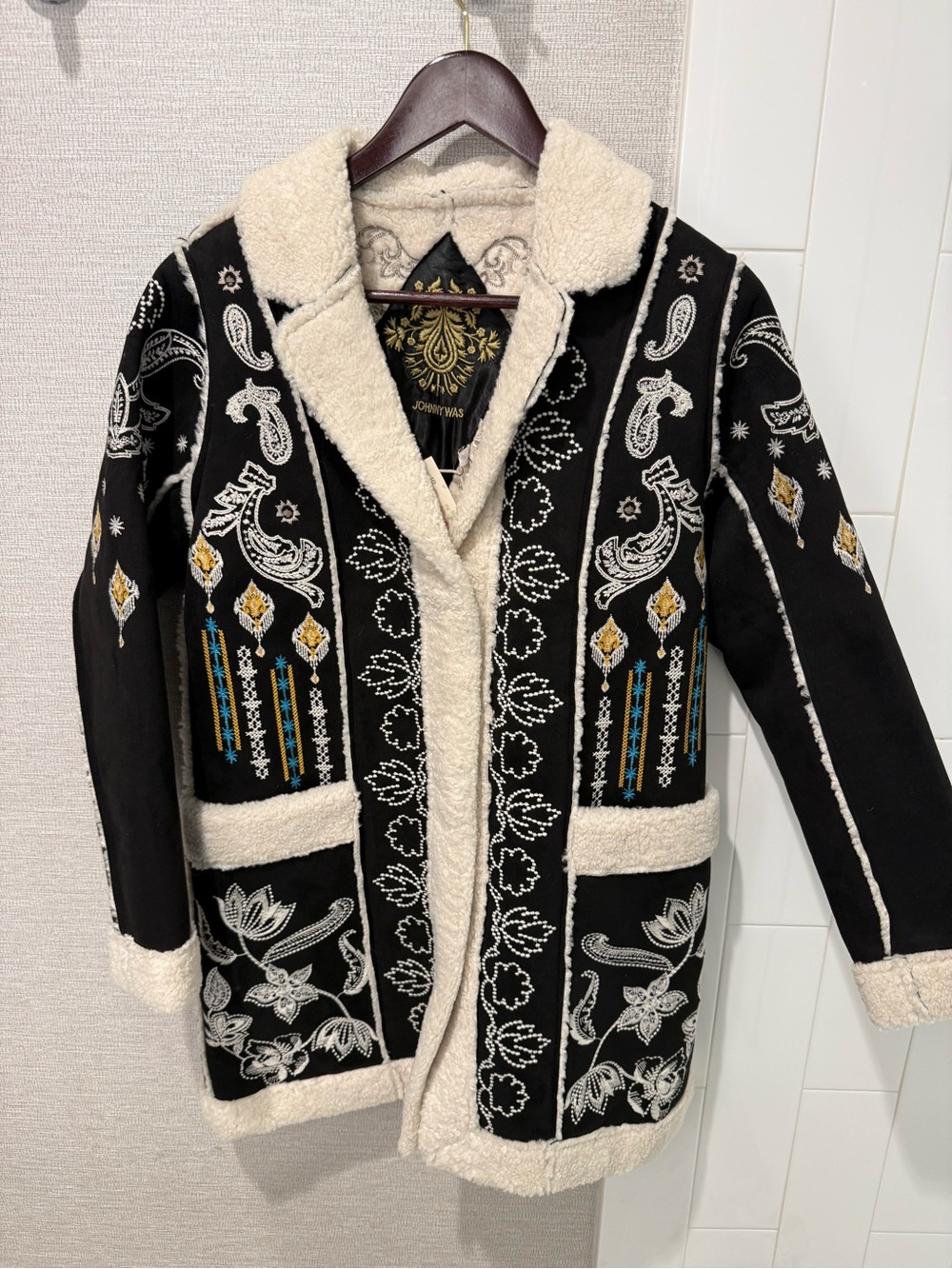 Johnny Was Cheyenne Black ShearlingFaux Suede Sherpa embroidered jacket coat NWT